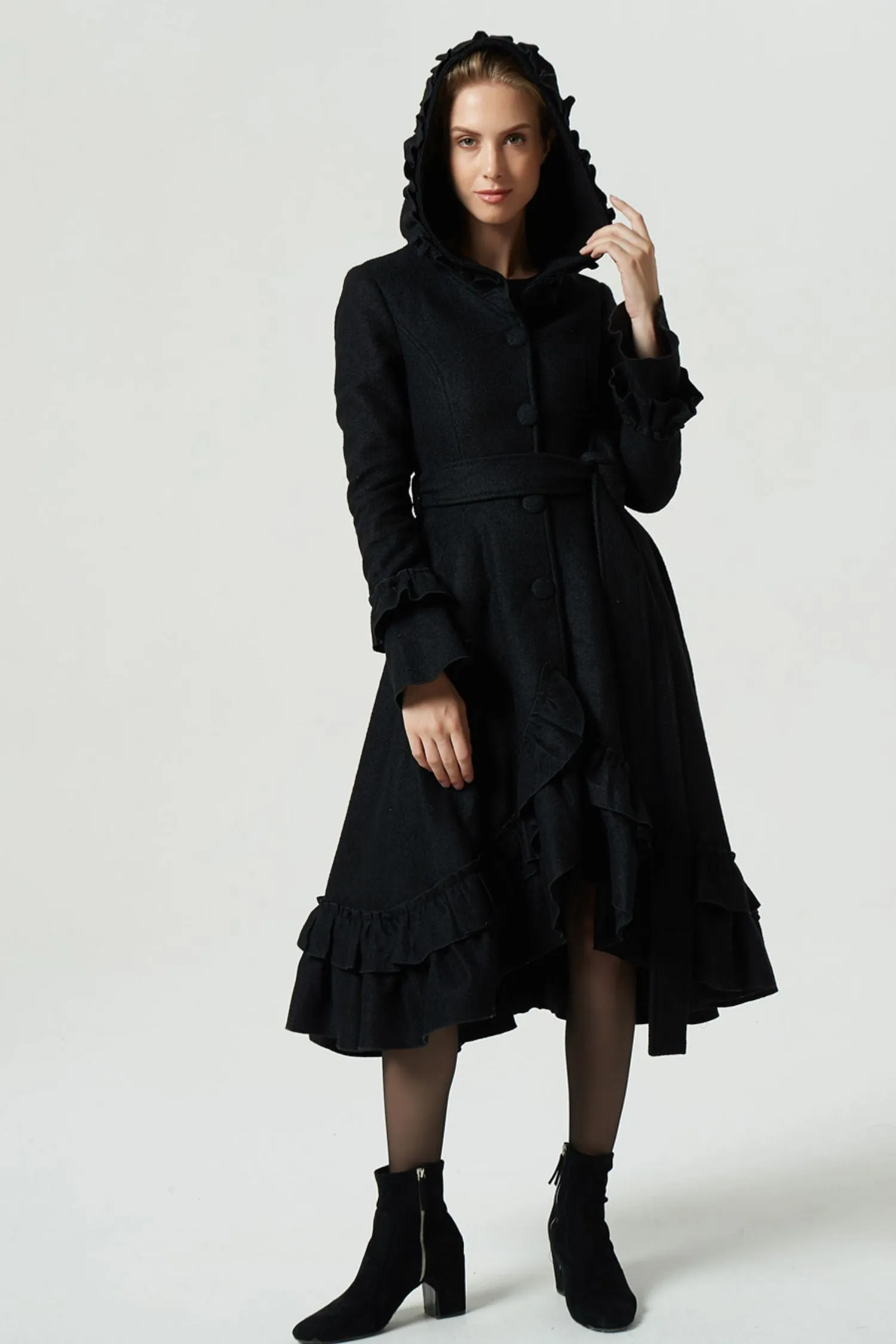 long black ruffled wool coat for women 1970#