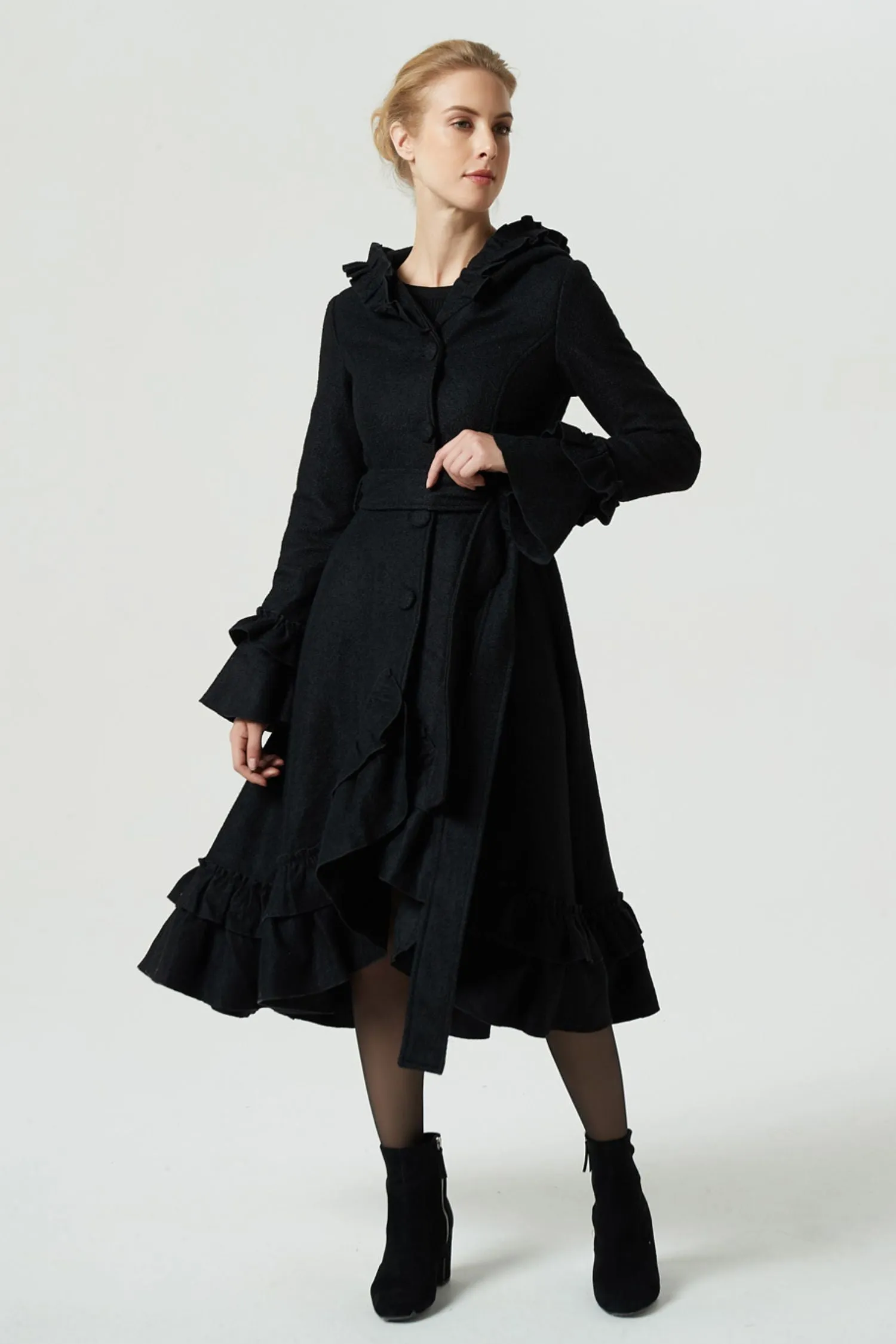 long black ruffled wool coat for women 1970#