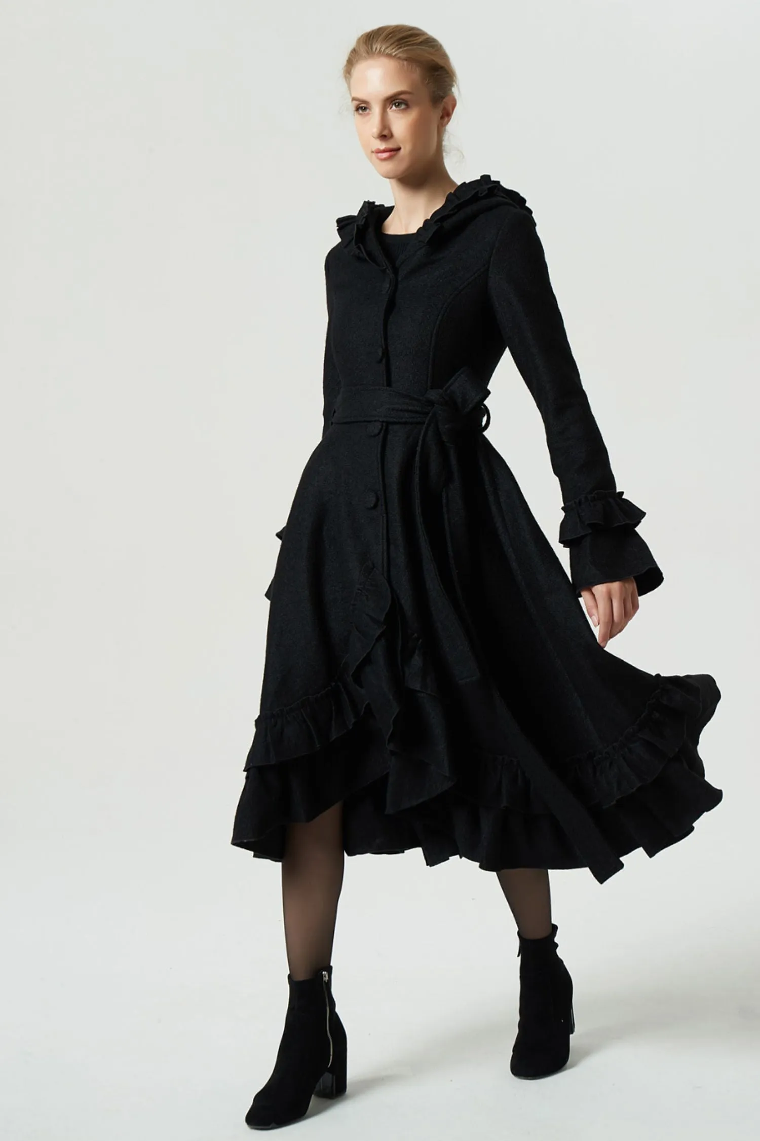 long black ruffled wool coat for women 1970#