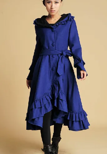 long black ruffled wool coat for women 1970#