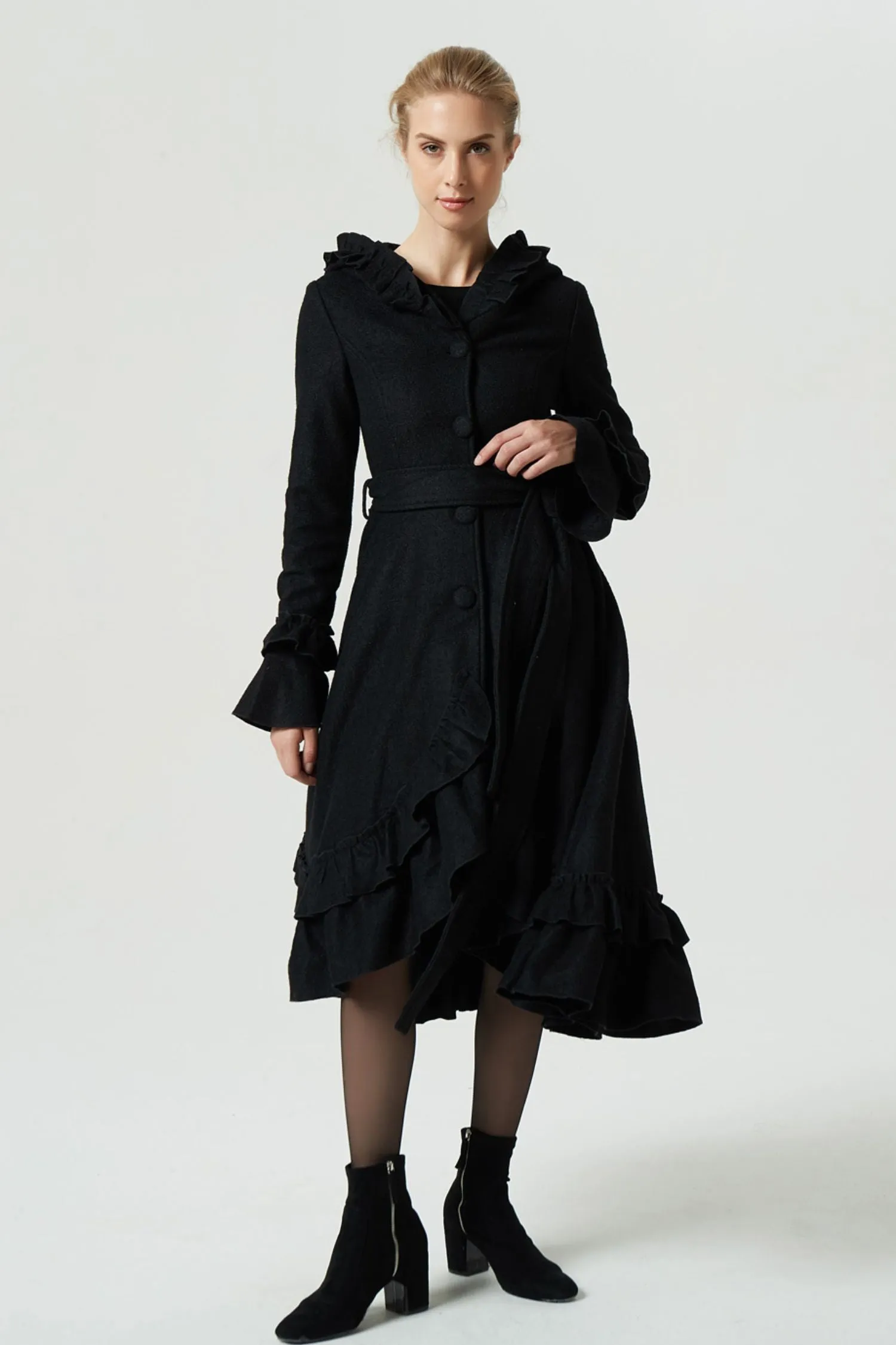 long black ruffled wool coat for women 1970#