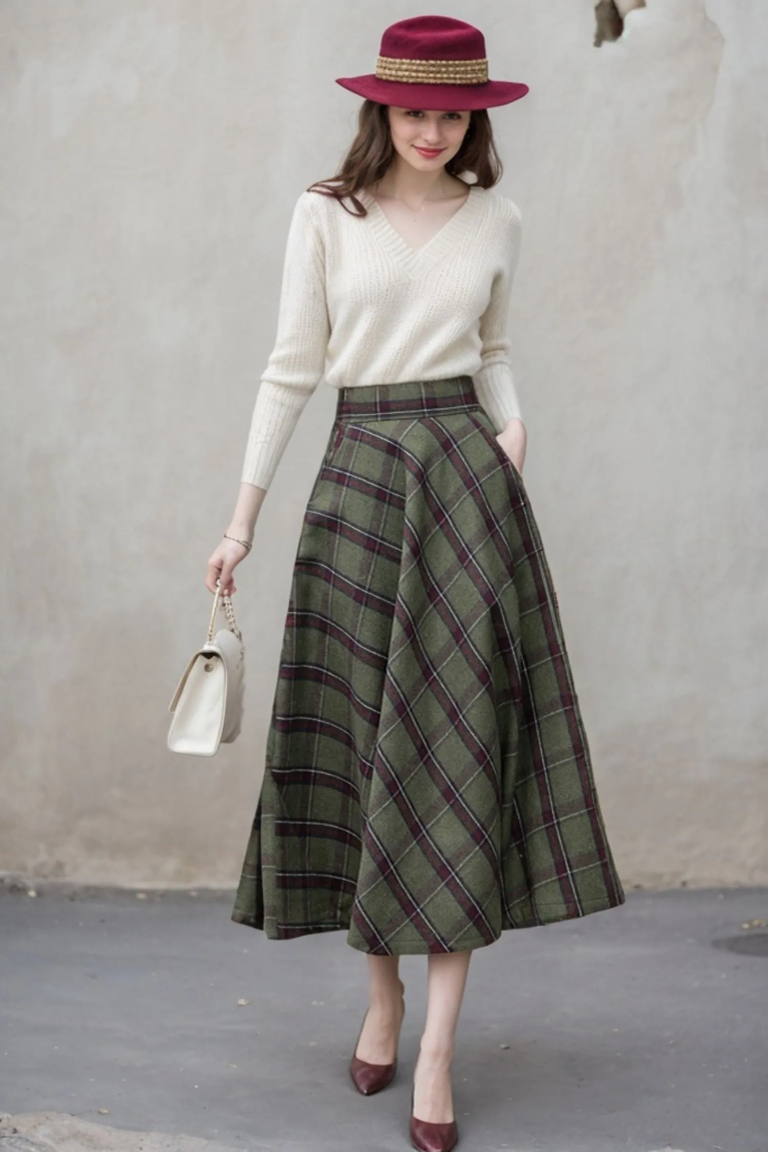 Long Plaid A-Line Wool Skirt 5403