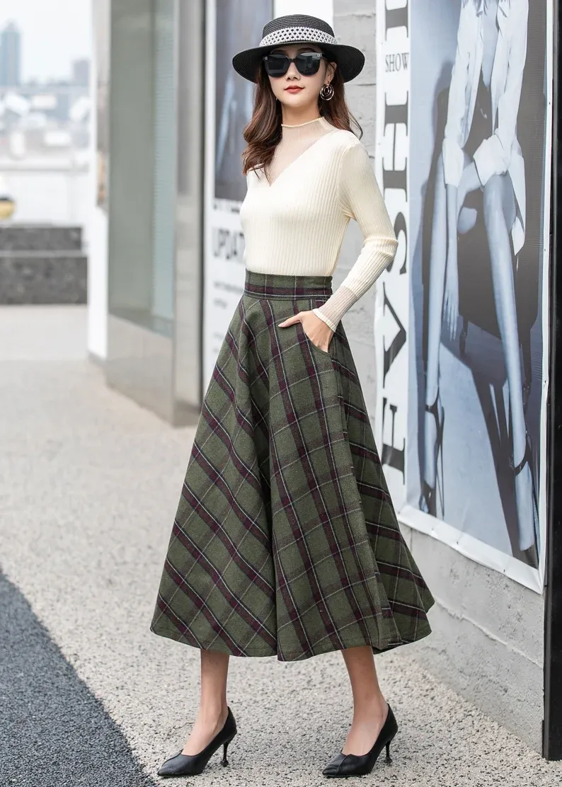 Long Plaid A-Line Wool Skirt 5403