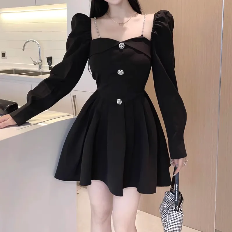 Long Sleeve Square Neck Button A-Line Dress