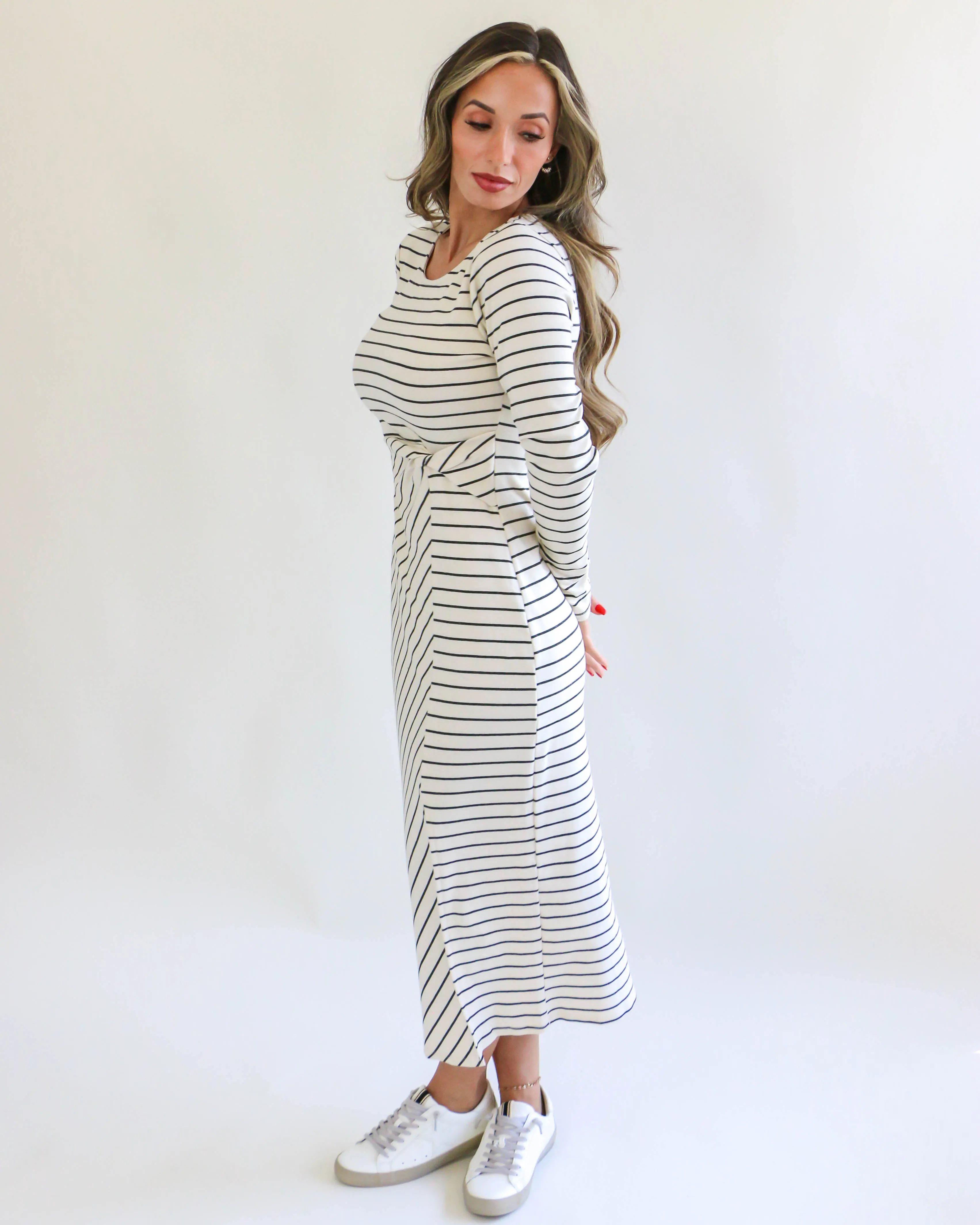 Long Sleeve Waist Twist Side Slit Stripe Maxi