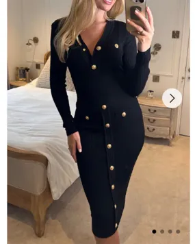 Long sleeves Buttons Design Midi bodycon dress in black