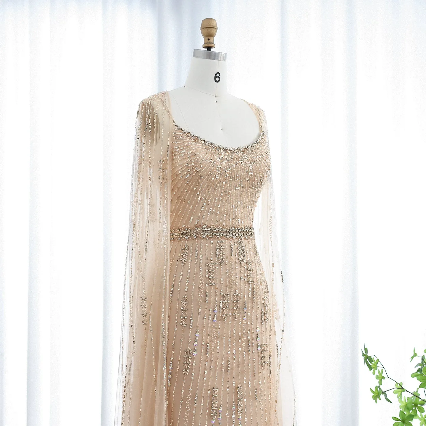 Luxury Beaded Champagne Evening Dress with Cape SS590