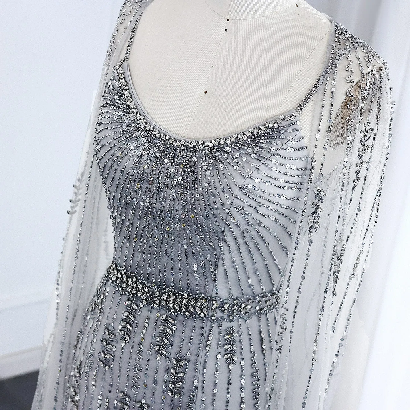 Luxury Beaded Champagne Evening Dress with Cape SS590