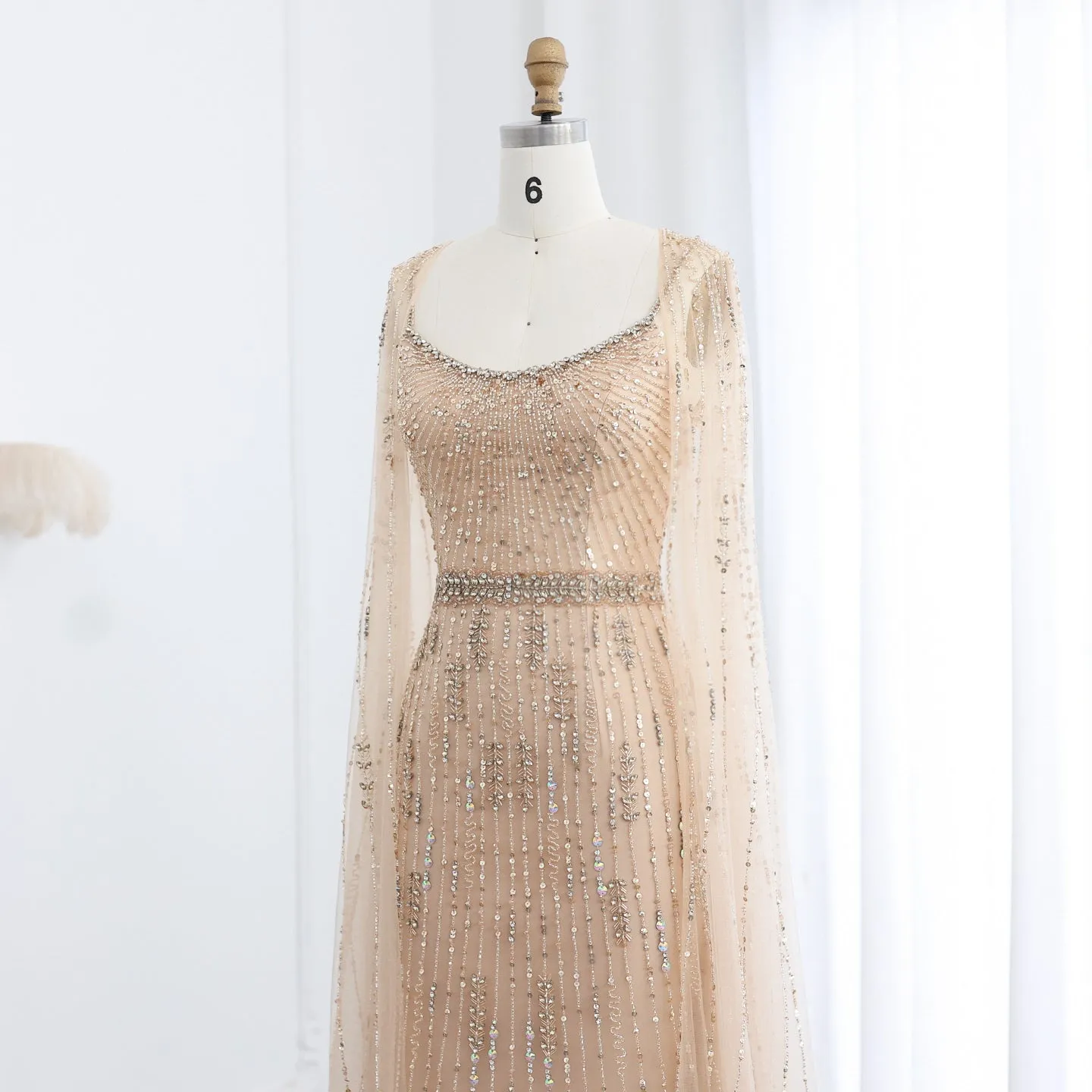 Luxury Beaded Champagne Evening Dress with Cape SS590