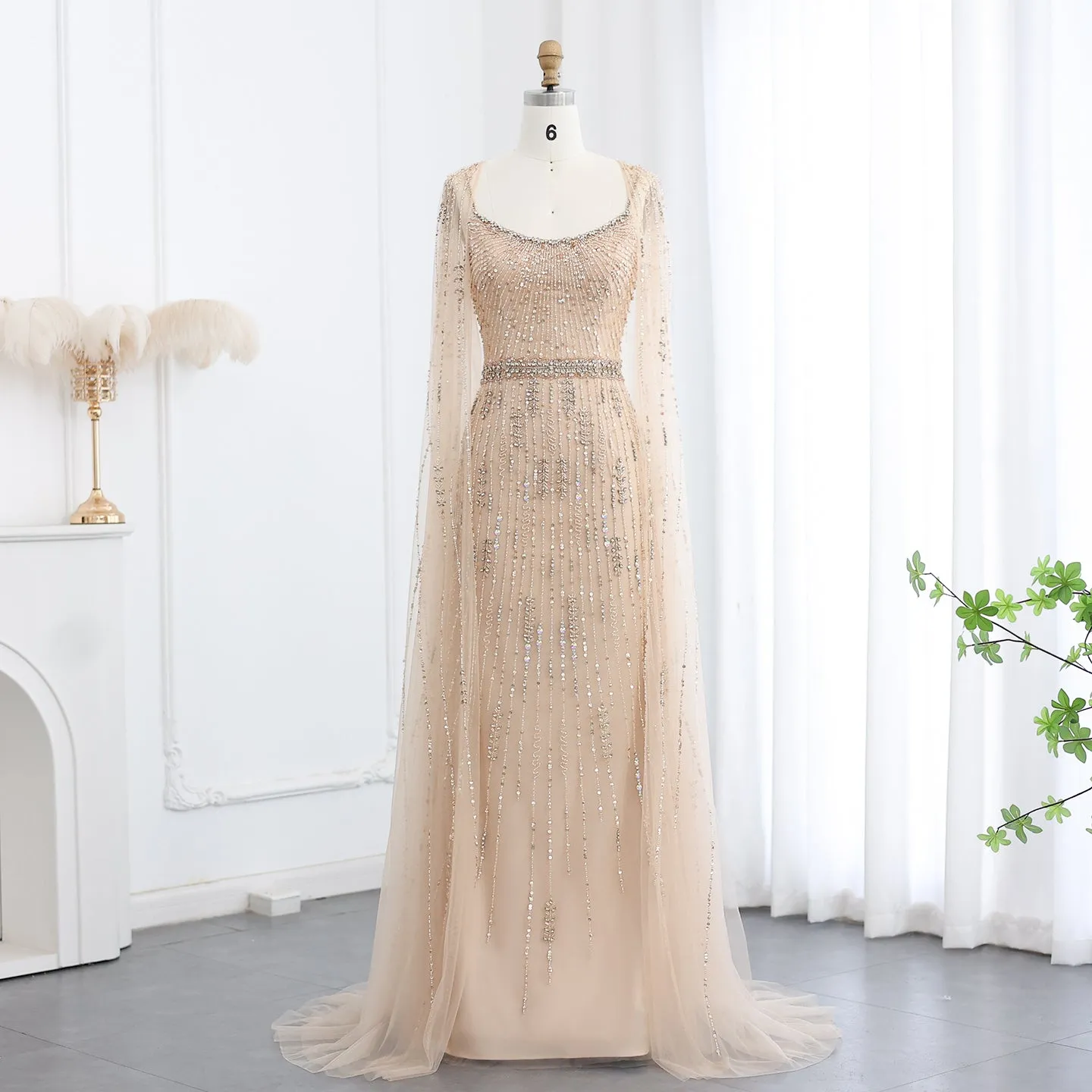 Luxury Beaded Champagne Evening Dress with Cape SS590