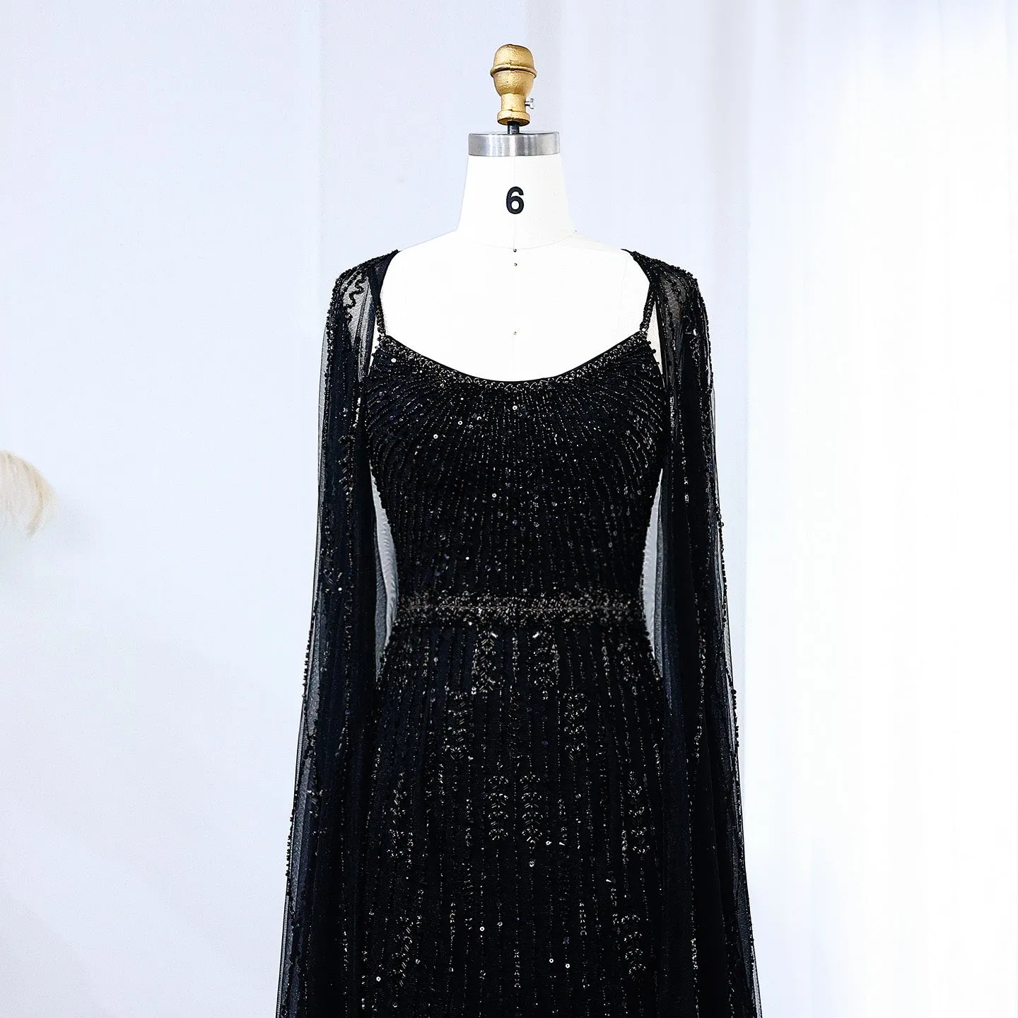 Luxury Beaded Champagne Evening Dress with Cape SS590