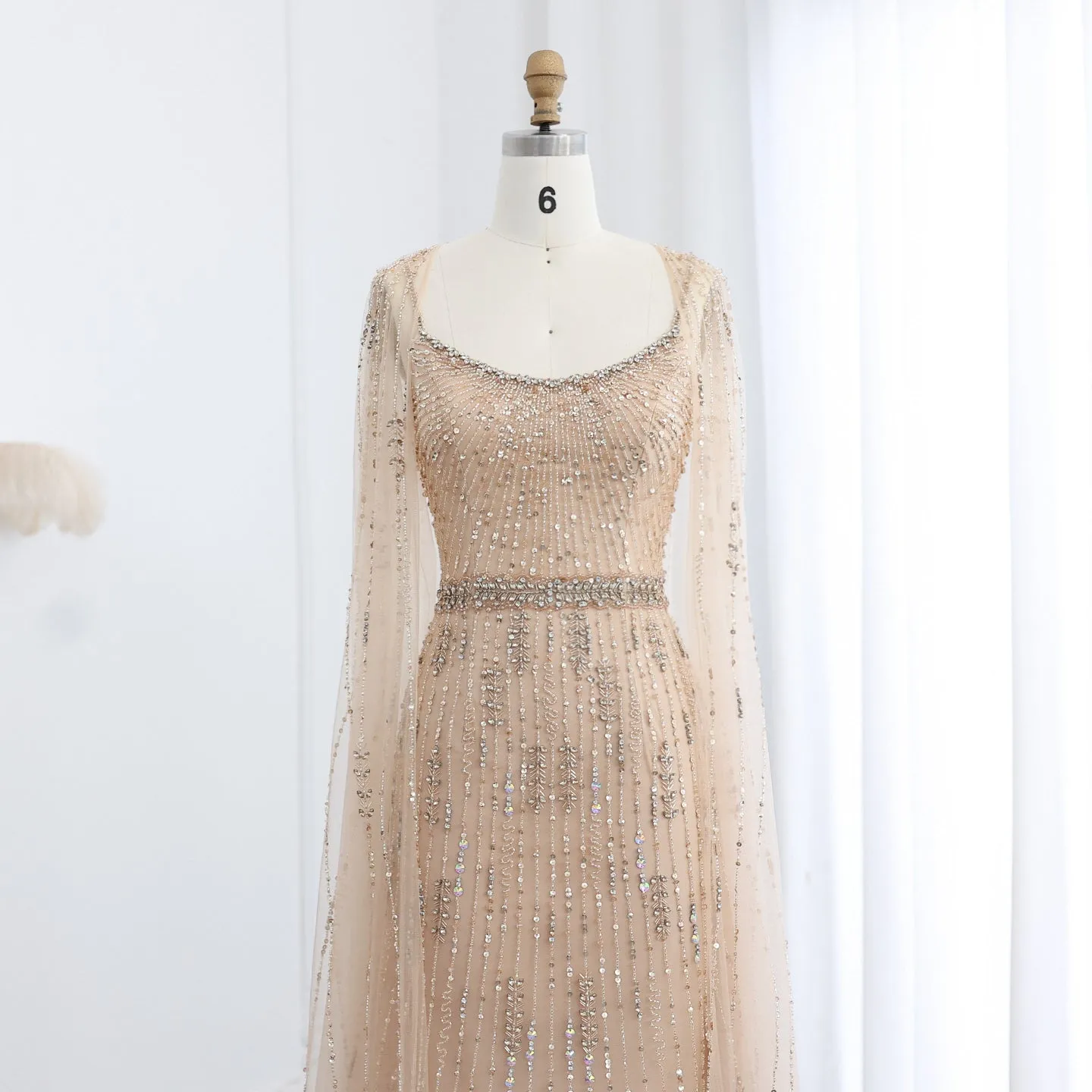 Luxury Beaded Champagne Evening Dress with Cape SS590