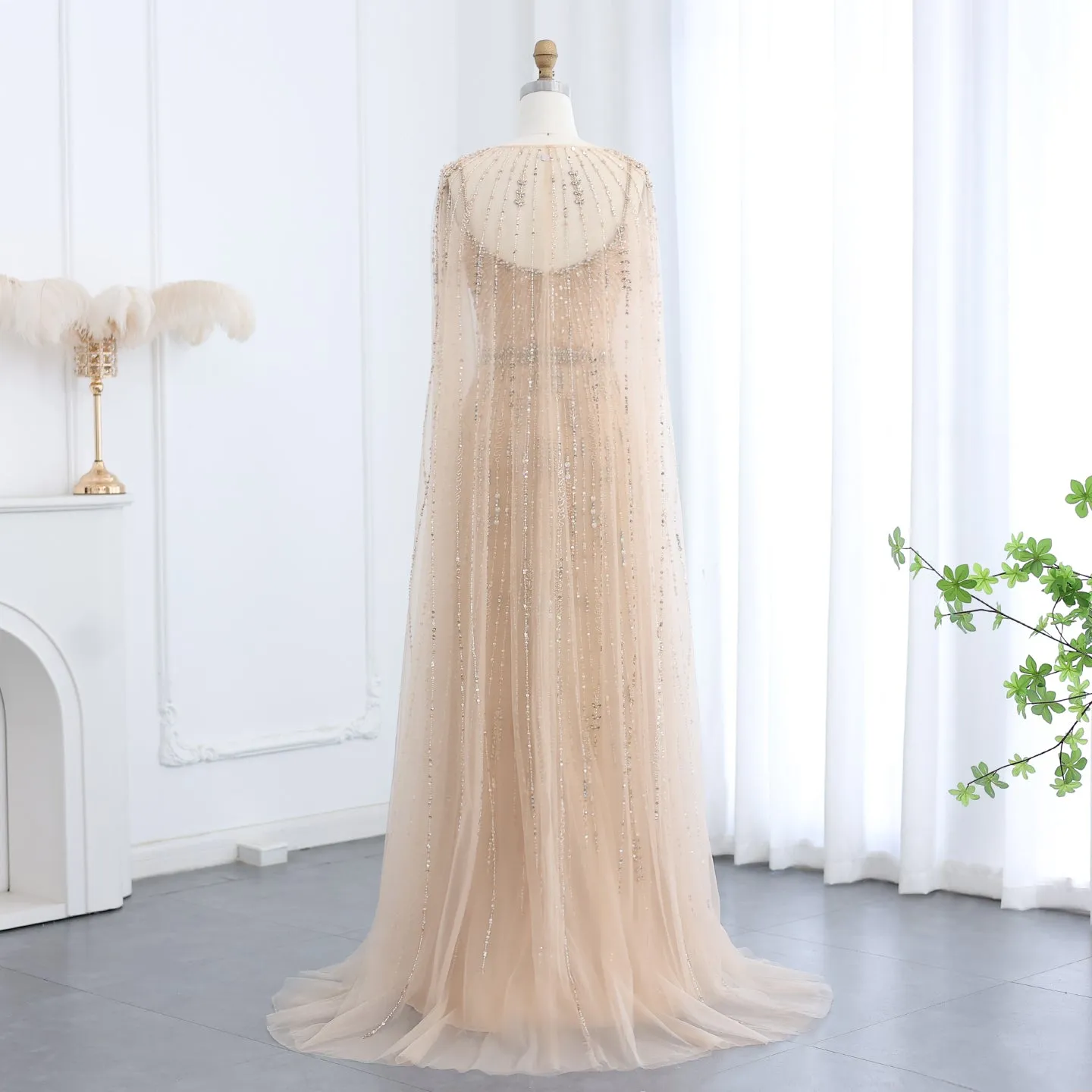 Luxury Beaded Champagne Evening Dress with Cape SS590