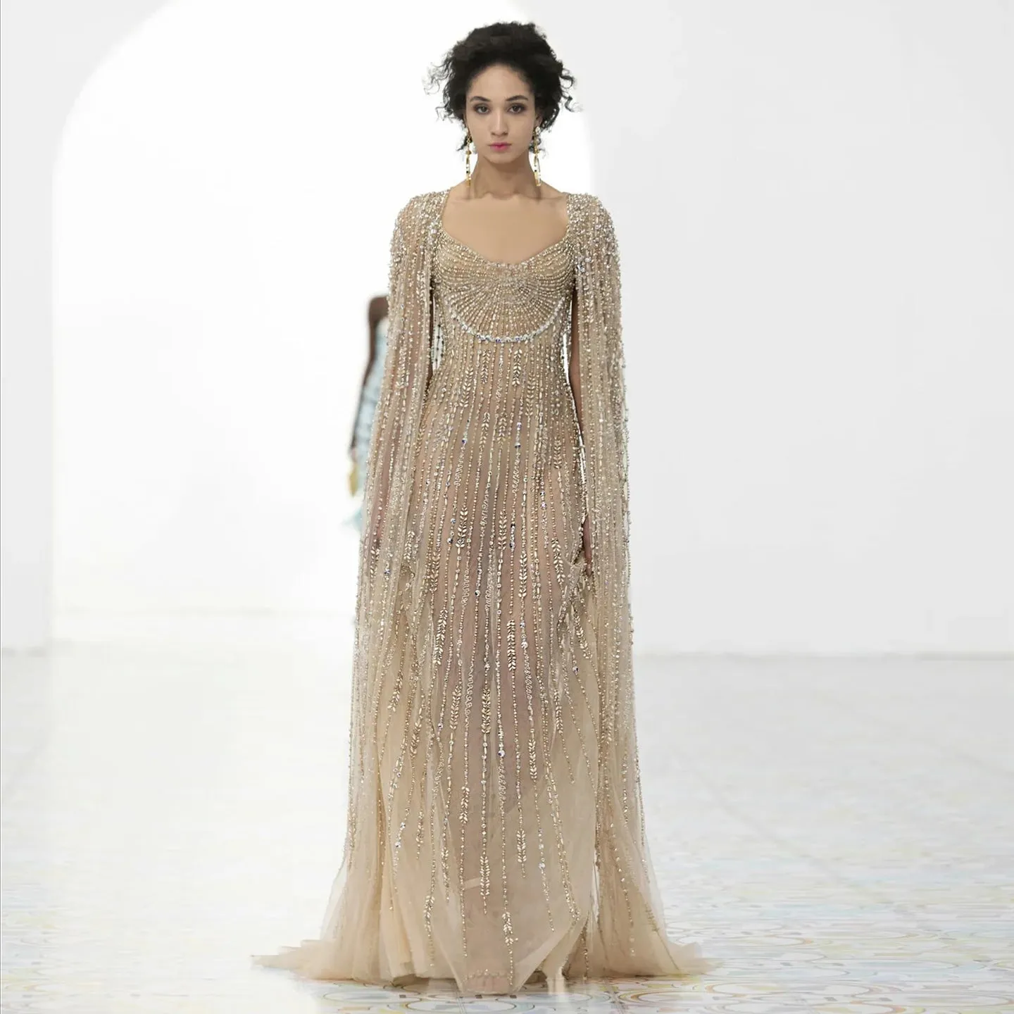 Luxury Beaded Champagne Evening Dress with Cape SS590