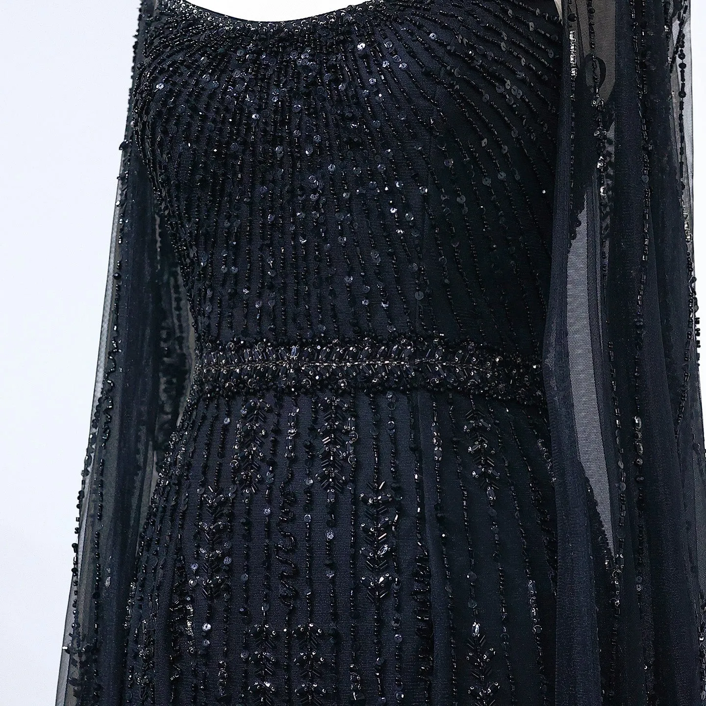 Luxury Beaded Champagne Evening Dress with Cape SS590