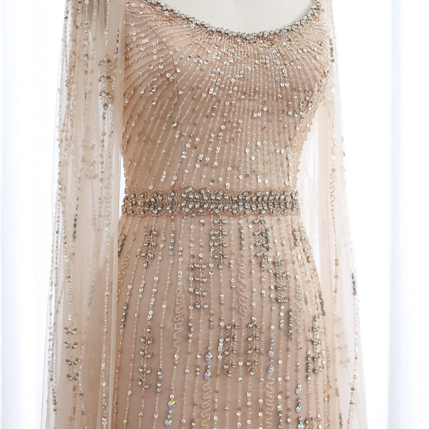 Luxury Beaded Champagne Evening Dress with Cape SS590