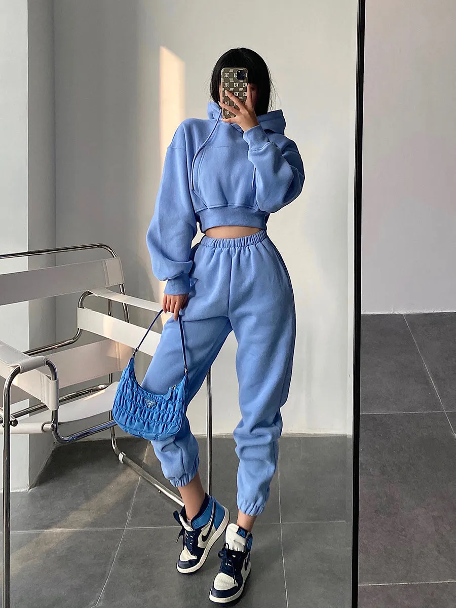 Maci Solid Color Cropped Hoodie High Waist Sweatpants Matching Set