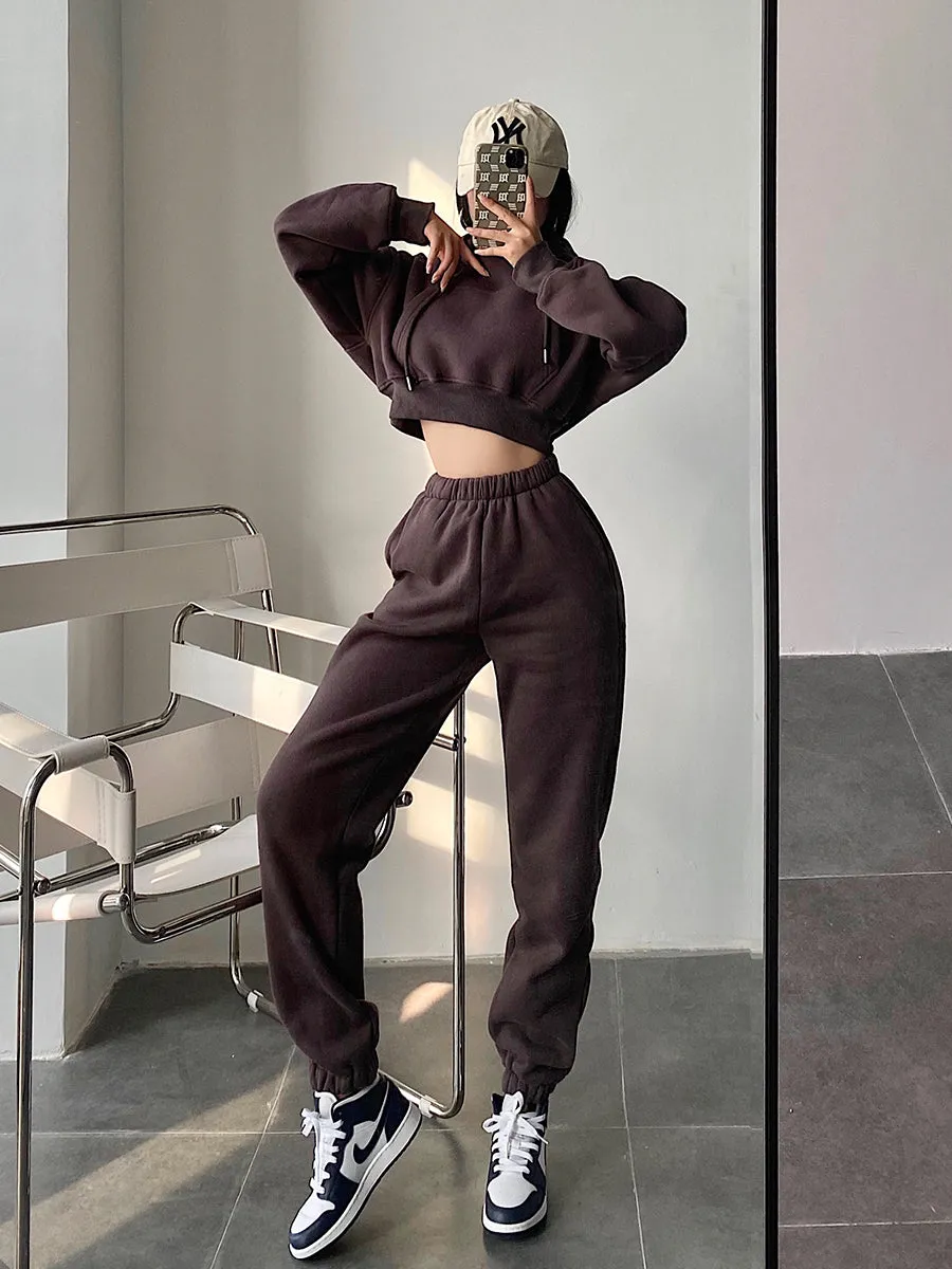 Maci Solid Color Cropped Hoodie High Waist Sweatpants Matching Set