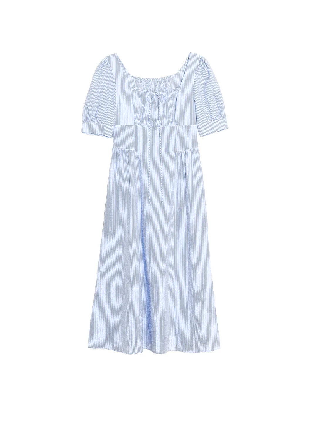 Maisie French Tie Square Neck Puff Sleeve Striped Cotton Dress