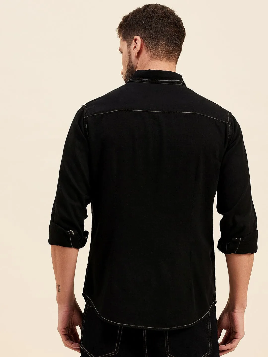 Men Black Tencel Seam Print Regular Shirt