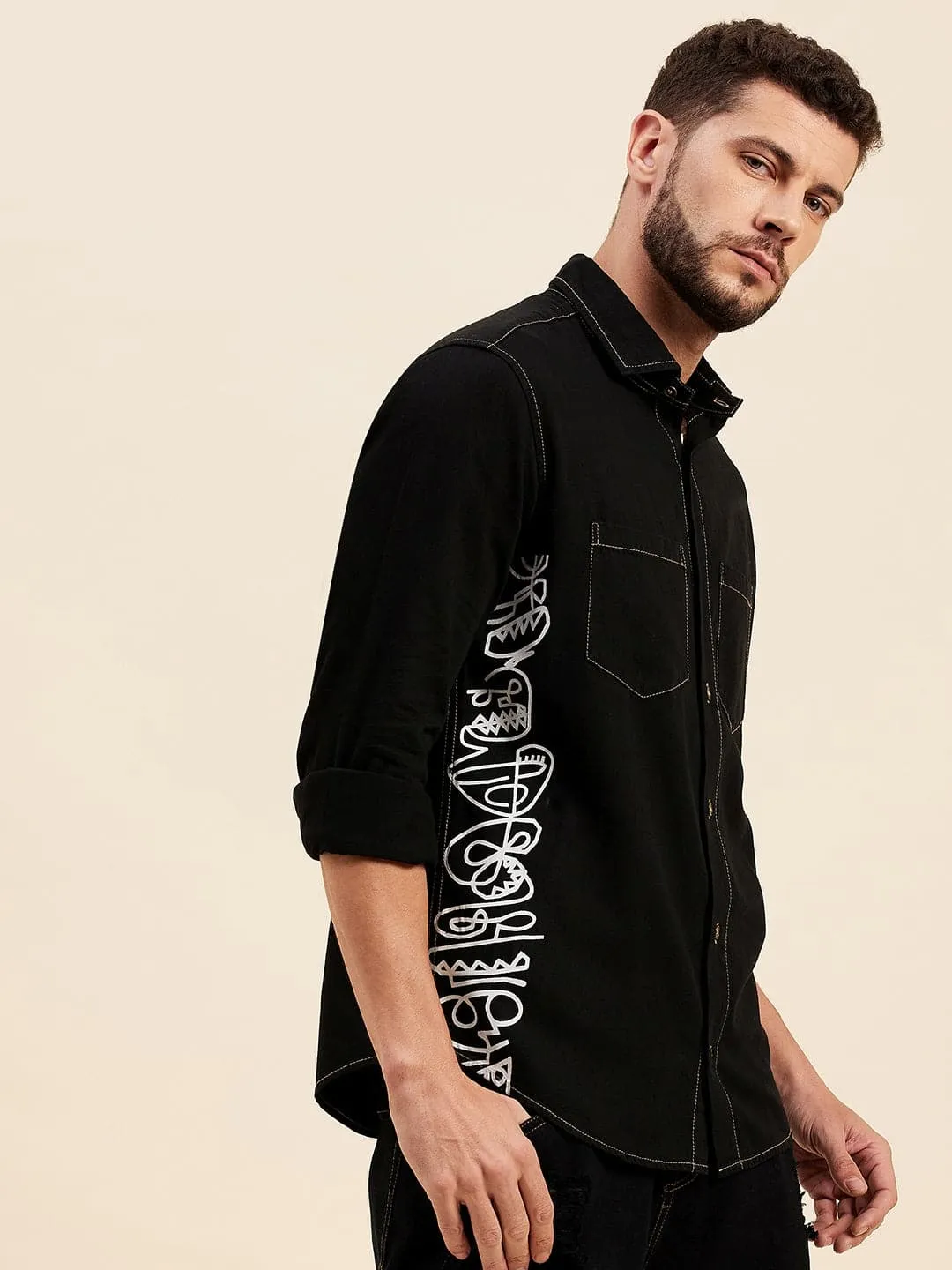 Men Black Tencel Seam Print Regular Shirt