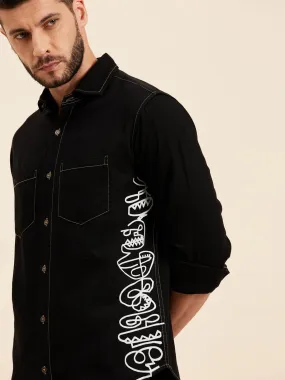 Men Black Tencel Seam Print Regular Shirt