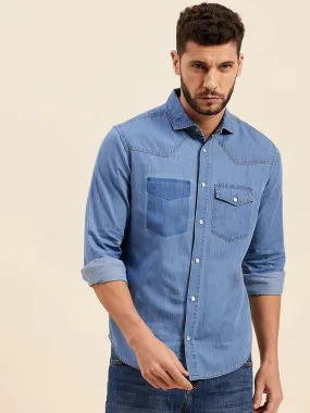 Men Blue Tencel Flap Pocket Regular Shirt