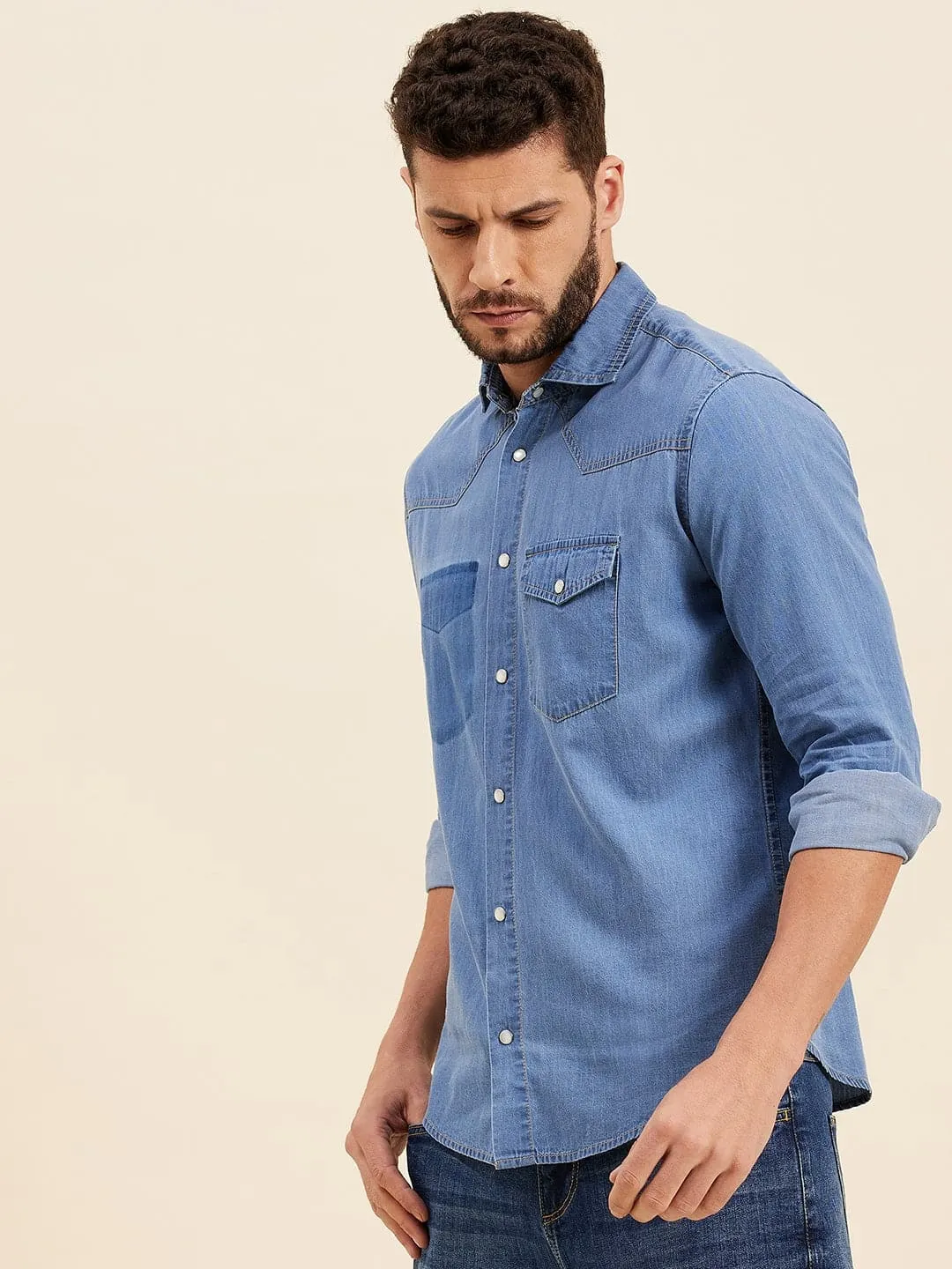 Men Blue Tencel Flap Pocket Regular Shirt