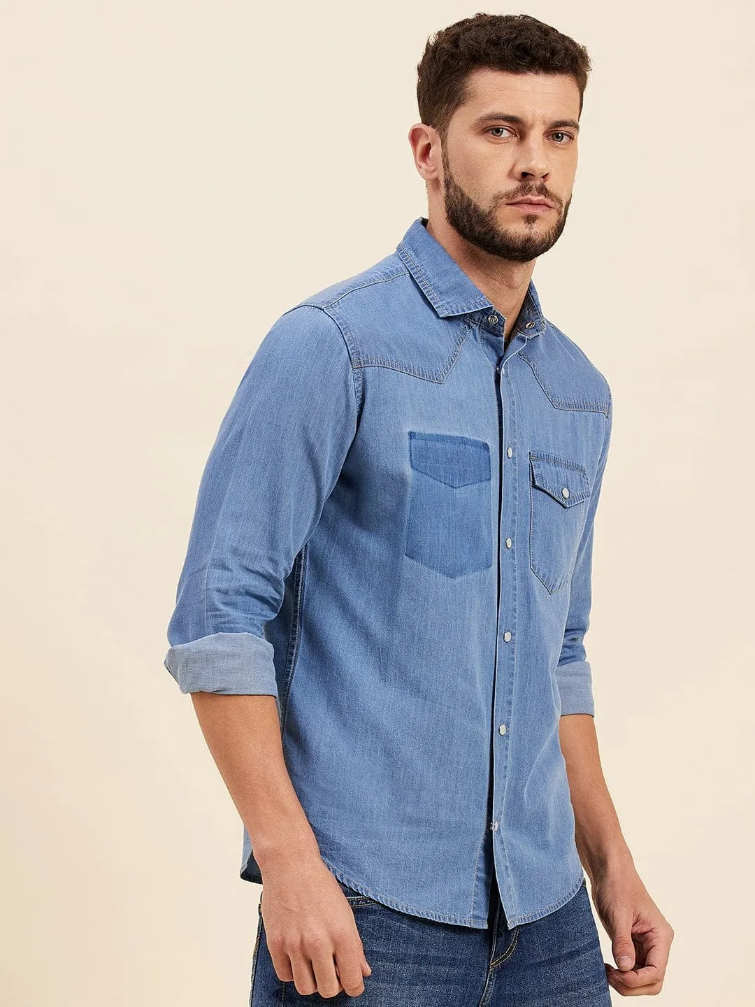 Men Blue Tencel Flap Pocket Regular Shirt