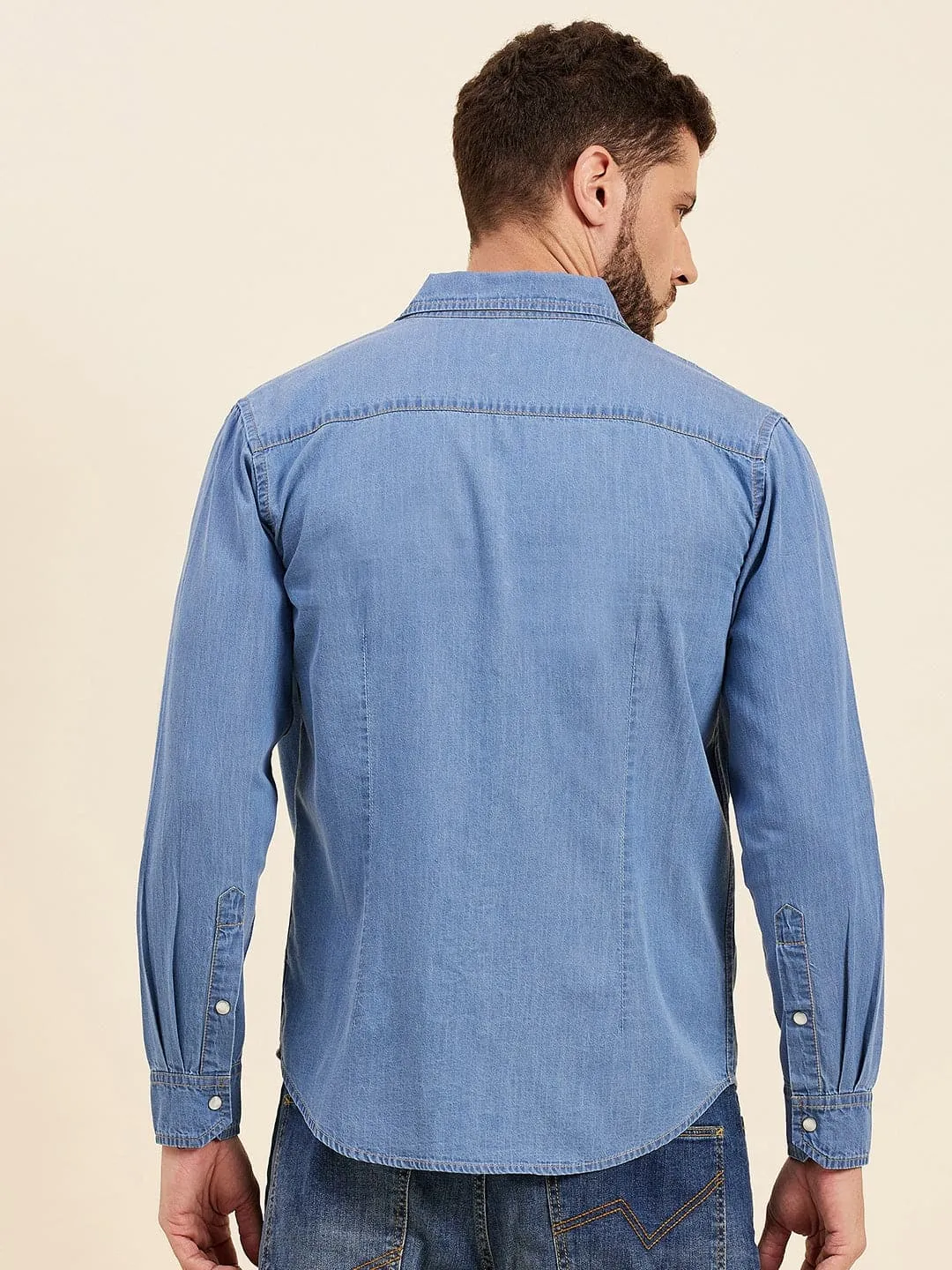 Men Blue Tencel Flap Pocket Regular Shirt