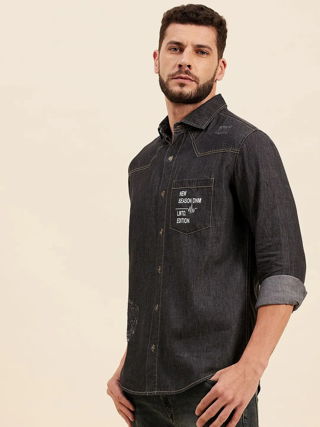 Men Dark Grey Tencel Distressed Pocket Print Shirt