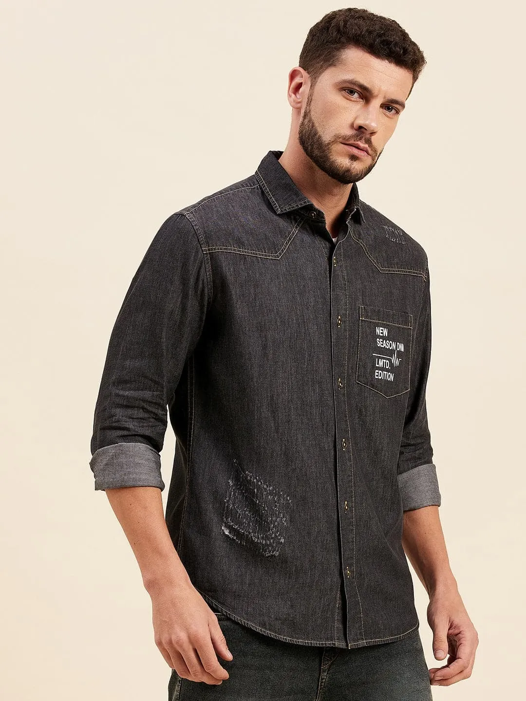 Men Dark Grey Tencel Distressed Pocket Print Shirt