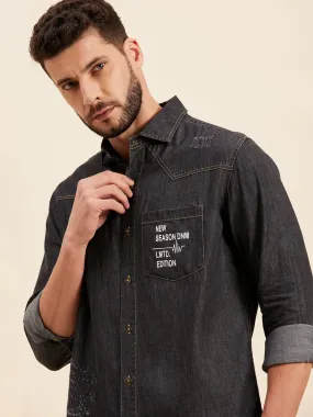 Men Dark Grey Tencel Distressed Pocket Print Shirt