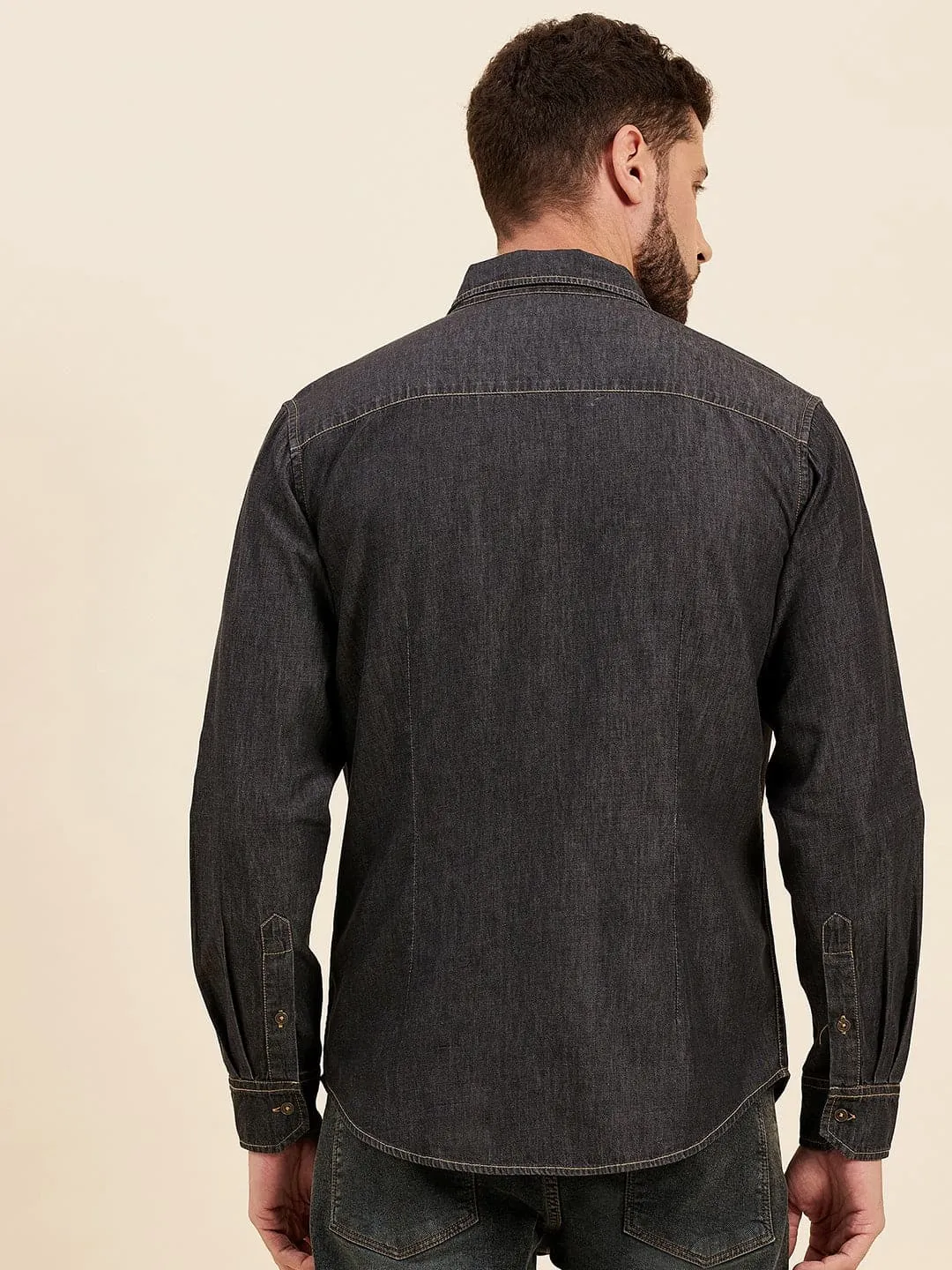 Men Dark Grey Tencel Distressed Pocket Print Shirt