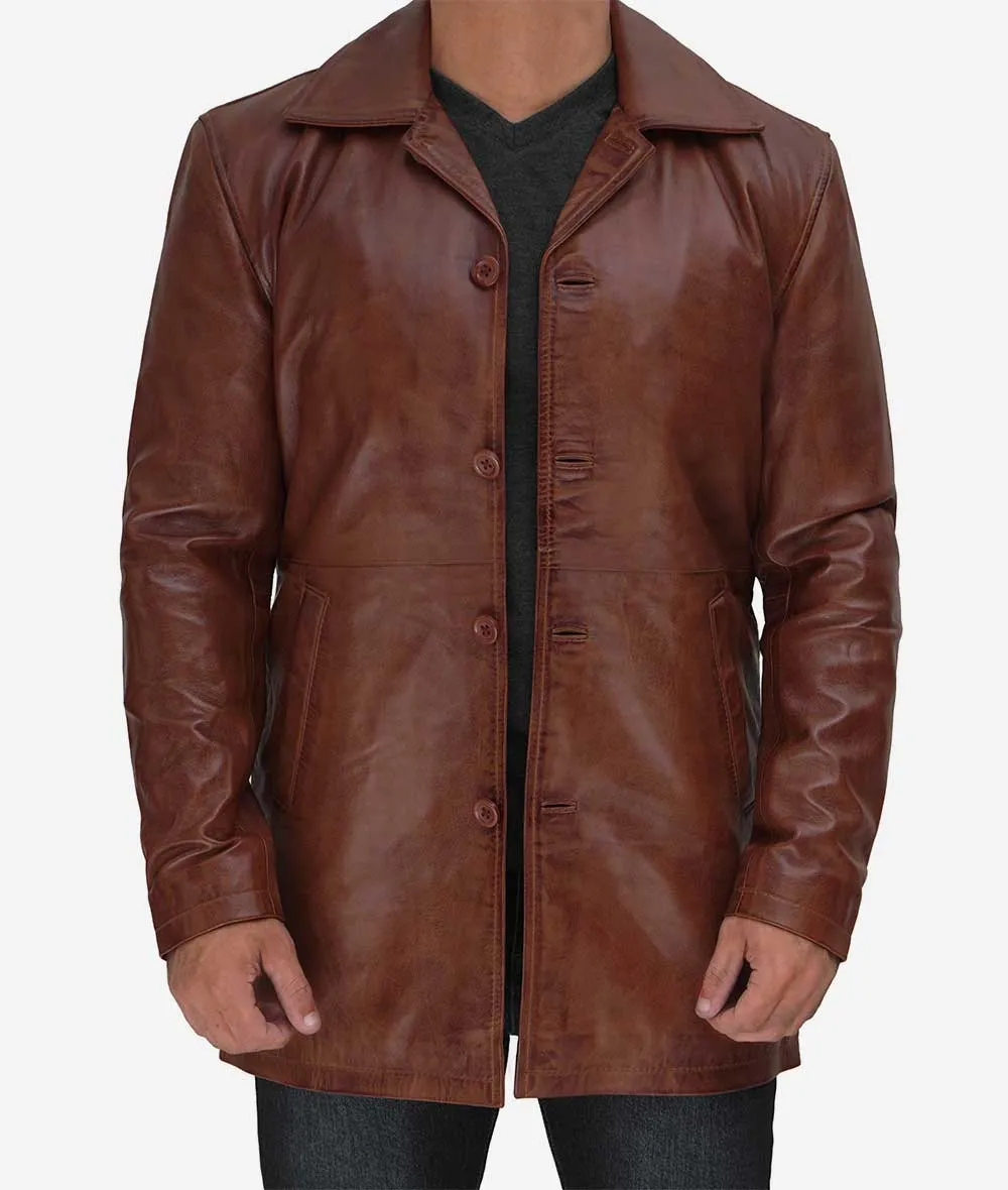 Mens Brown 3  4 Length Leather Coat