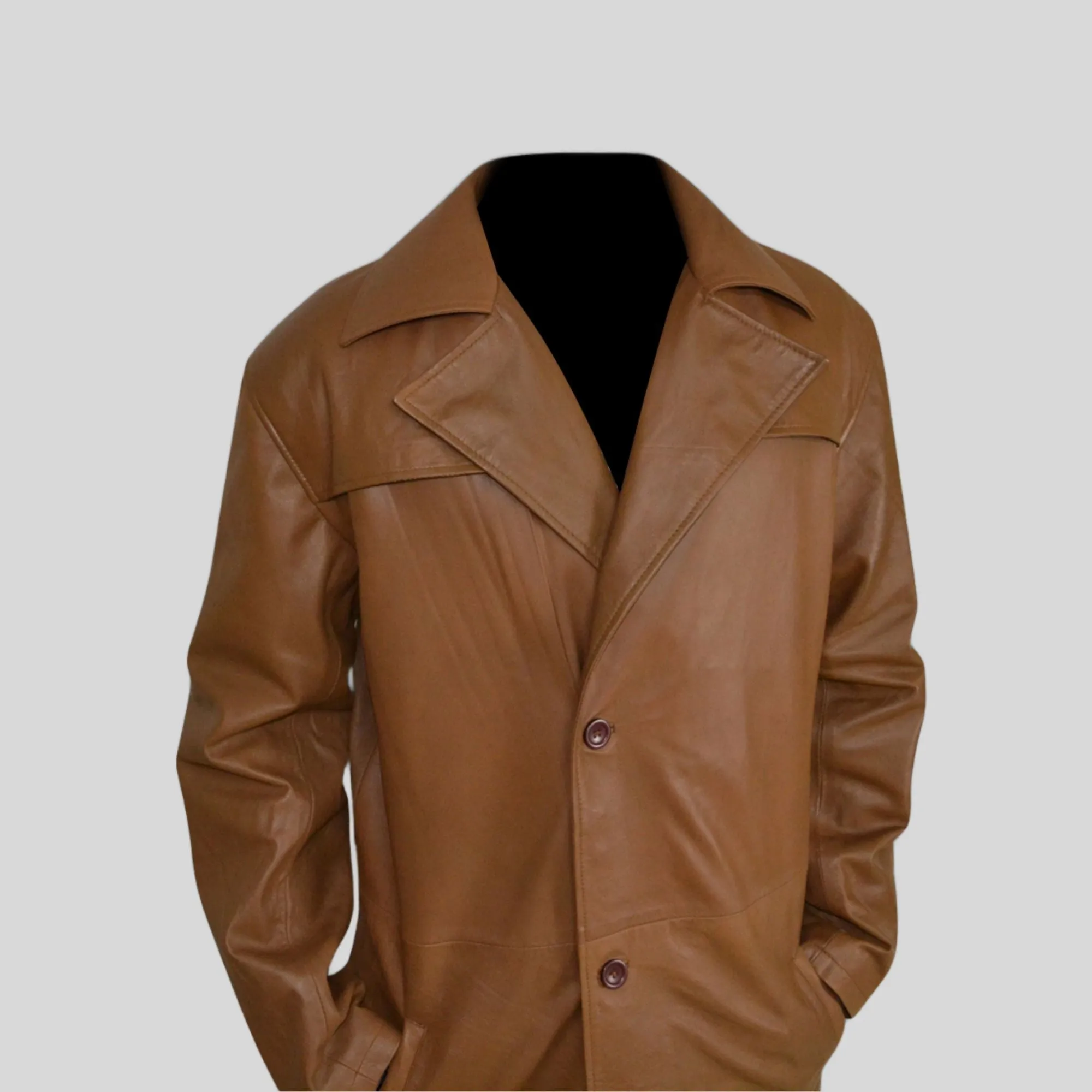 Men's Fashion Brown Distressed Super Leather Trench Bat Coat