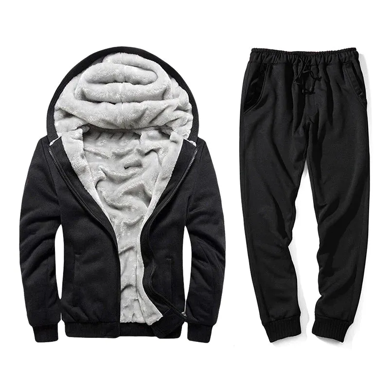 Men's Winter Thickened Velvet Cardigan Hoodies Joggers Two-Piece Set