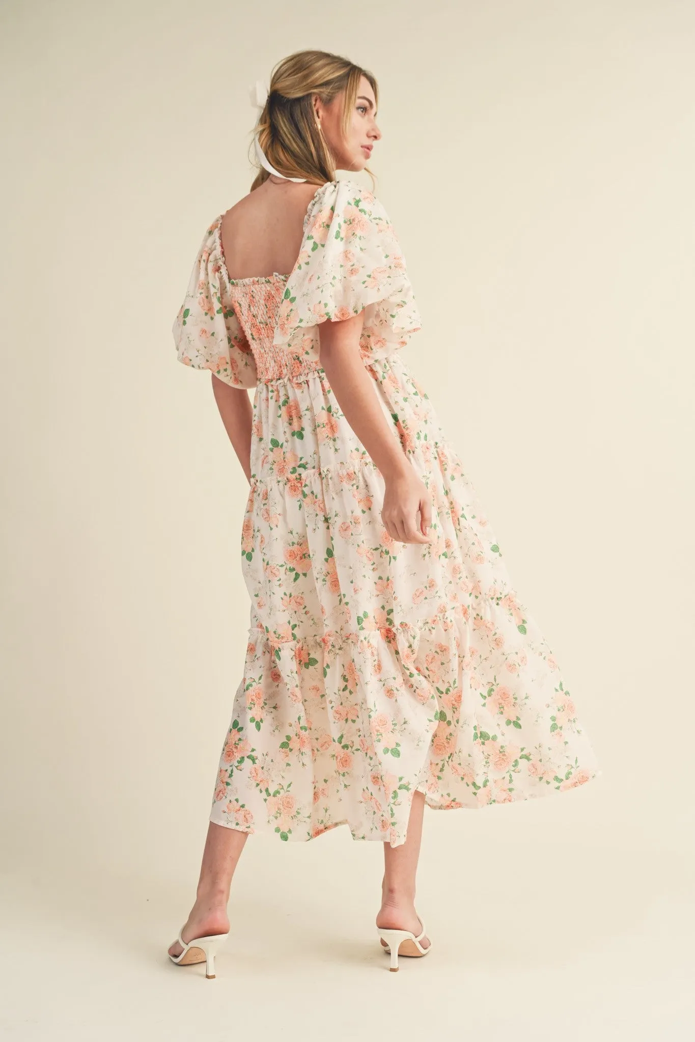 Mia Smocked Floral Puff Sleeve Maxi Dress - Peach