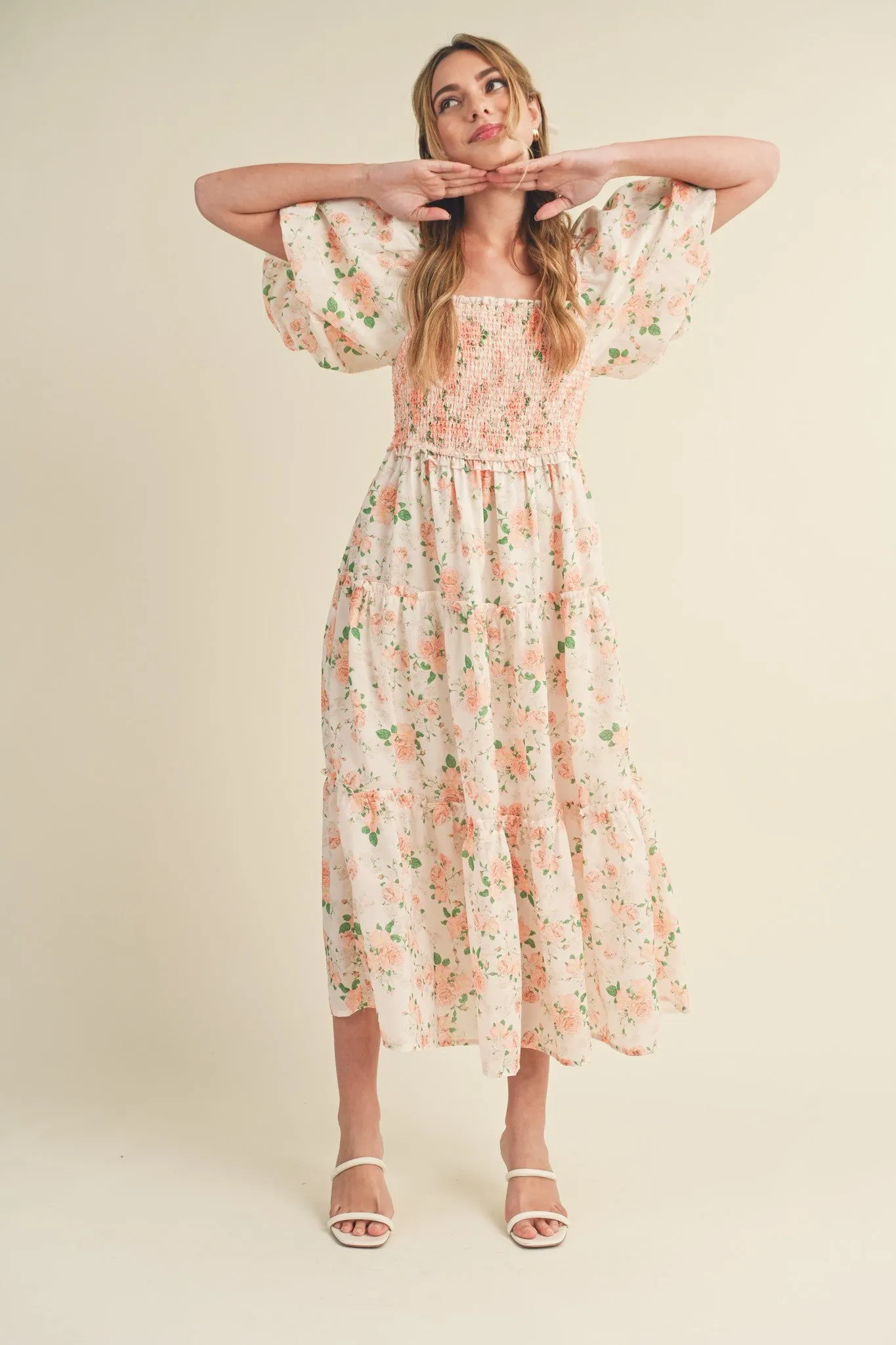 Mia Smocked Floral Puff Sleeve Maxi Dress - Peach