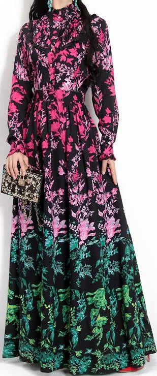 Multi Colored Ruffle Pleated Printed Maxi Dress