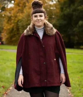 Newbury Tweed Cape with Faux Fur Collar - Red and Black Houndstooth