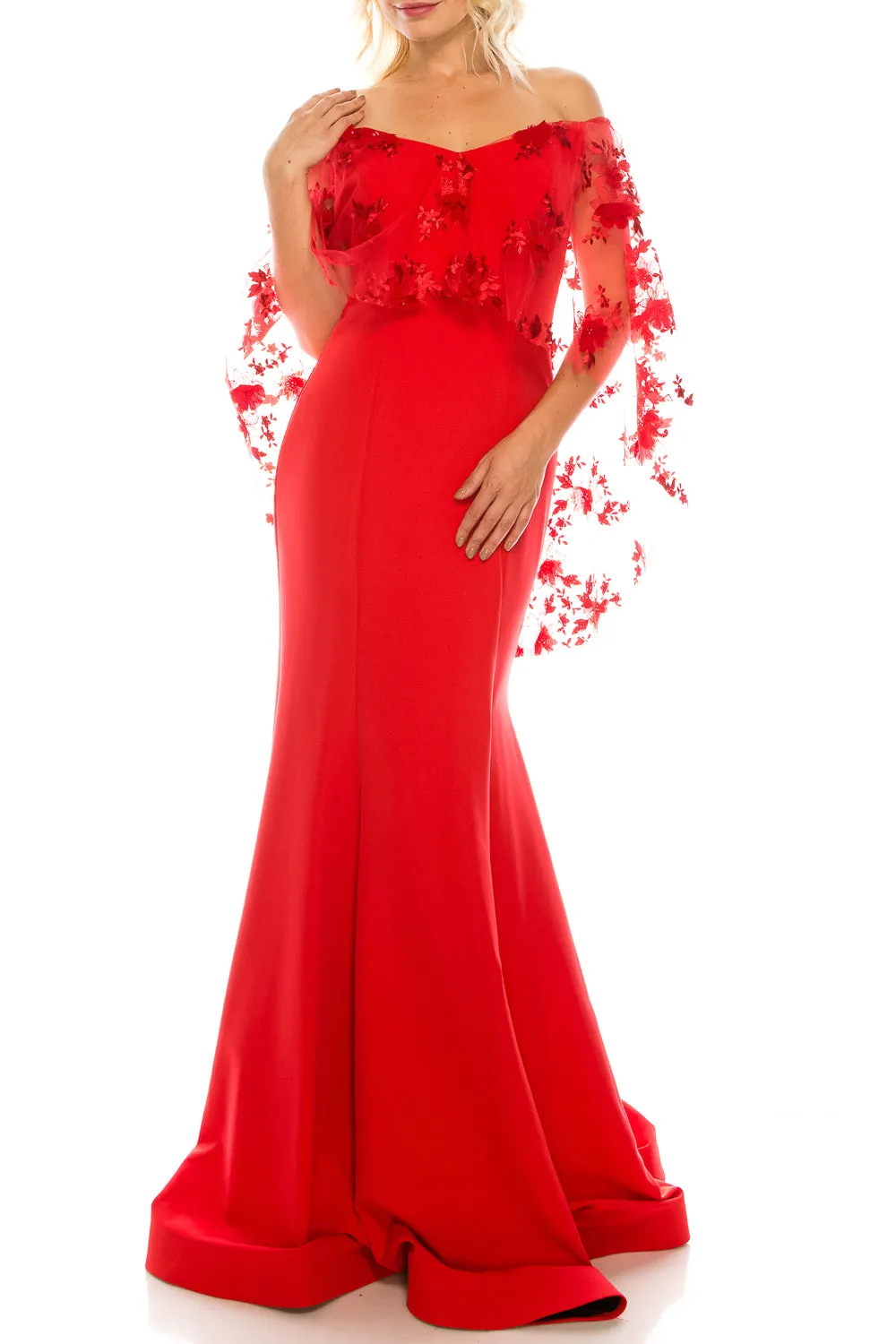 Odrella Trumpet Evening Gown with Embroidered Mesh Cape (Additional Colors)