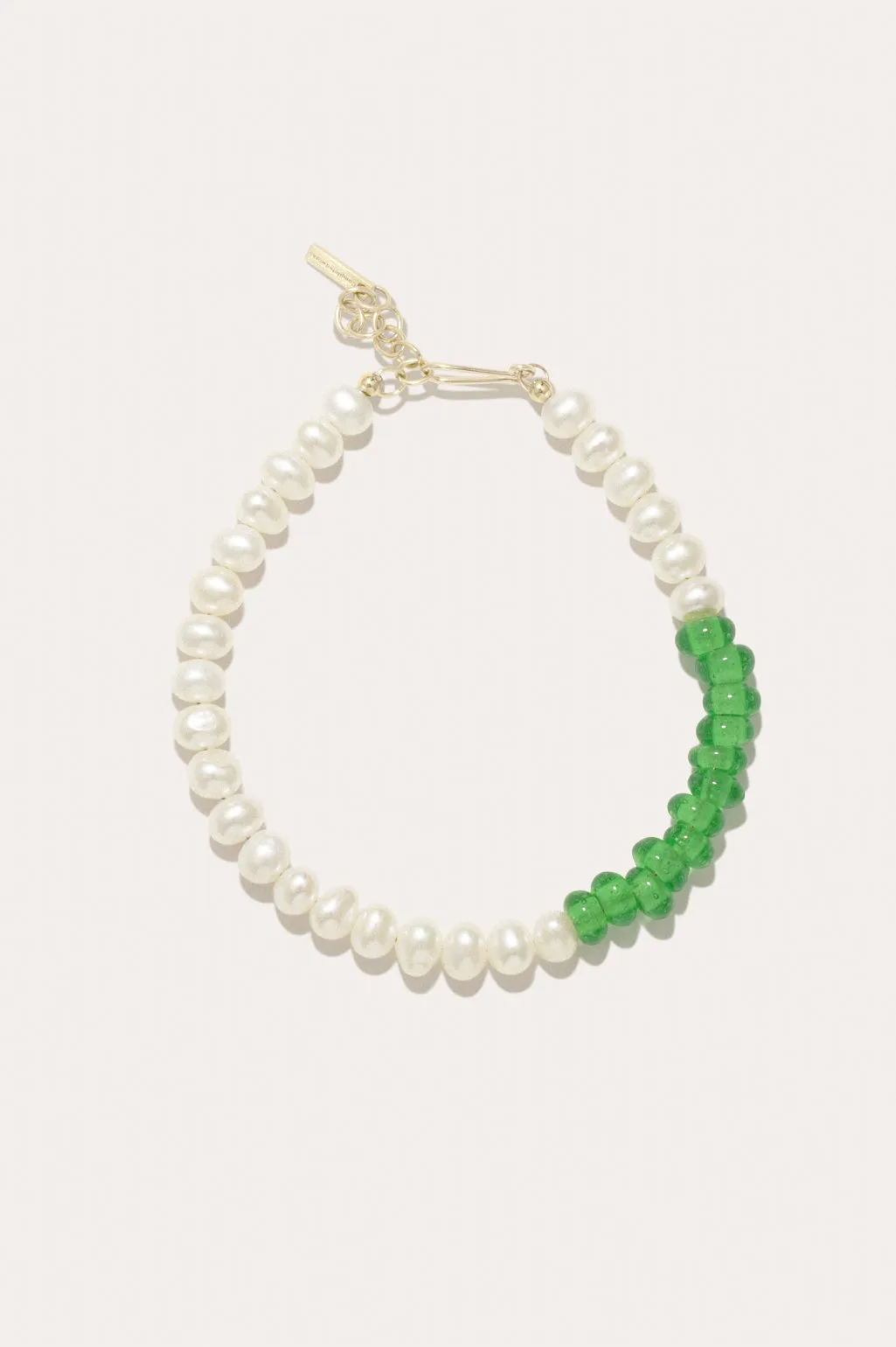 P115 - Pearl and Recycled Green Glass Bead Gold Vermeil Bracelet