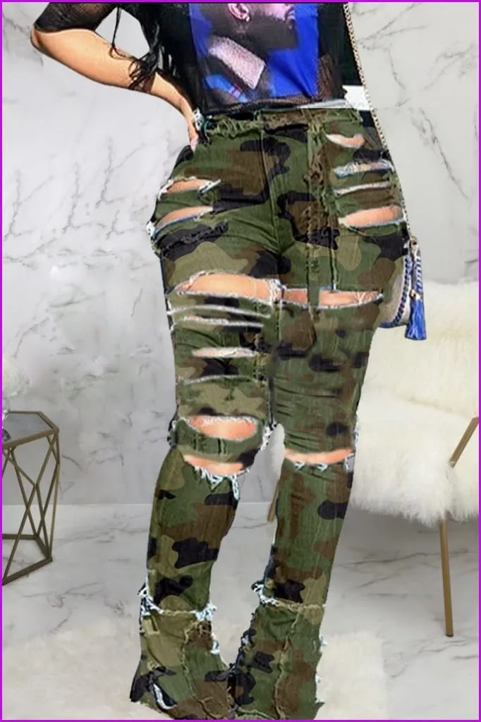 Personality Hole High Waist Camouflage Pants F3668