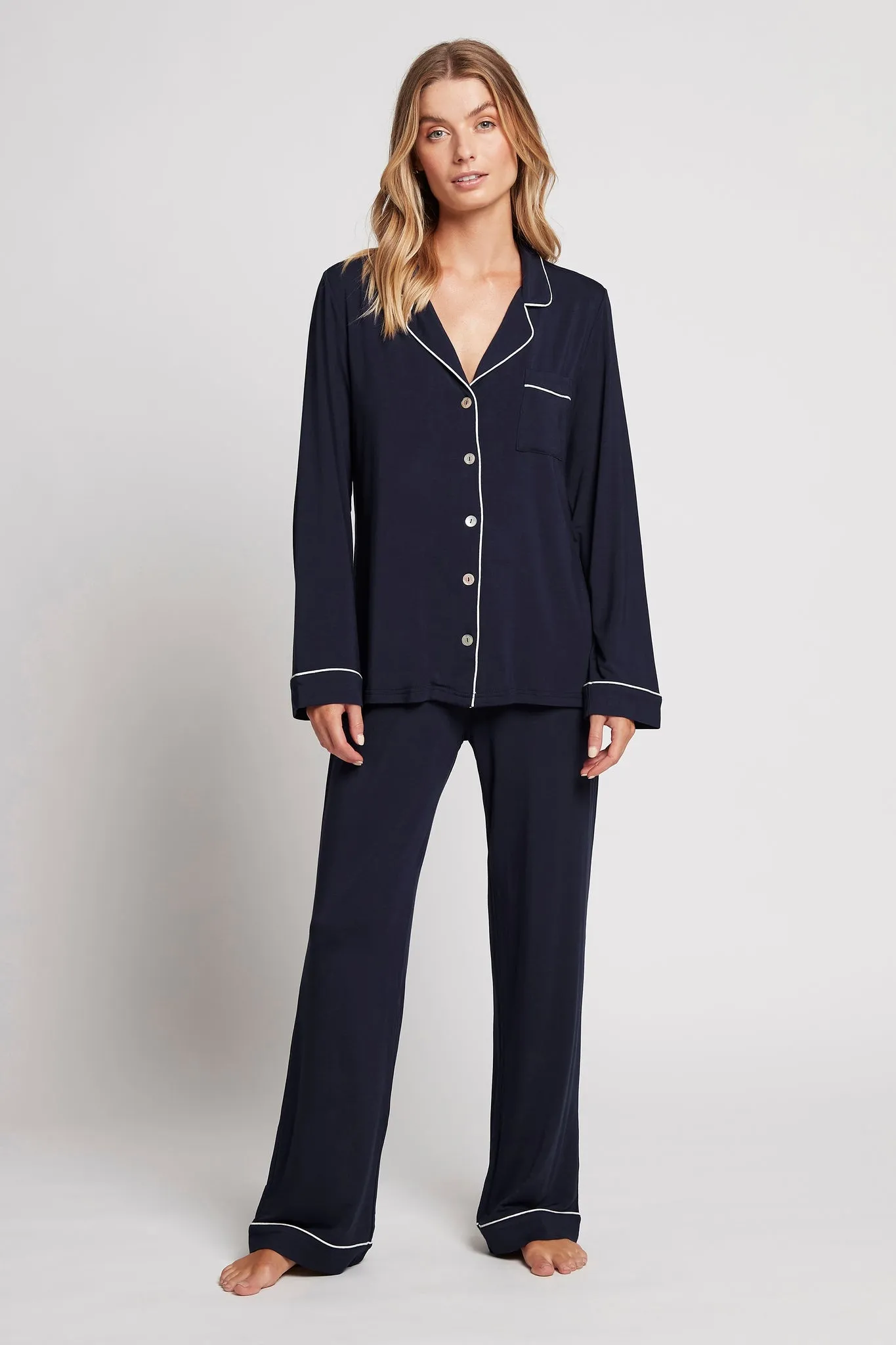 Petra Tencel™ Lounge Pyjama Set - Navy with White Piping