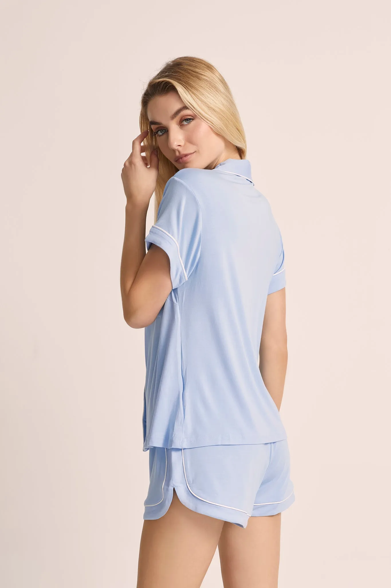 Petra Tencel™ Pyjama Set - Blue with White Piping