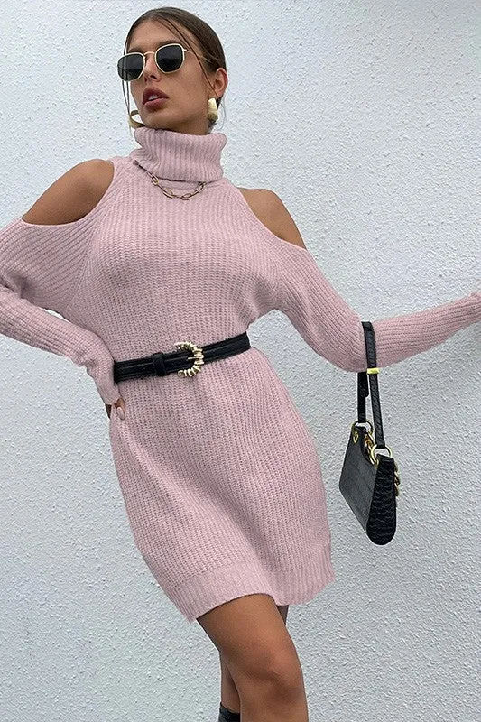 Pink Black Turtleneck Cold-Shoulder Sweater Dress