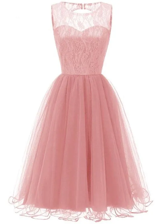 Pink Retro Modest Navy Lace Tulle Cocktail Dress Short Homecoming Dress