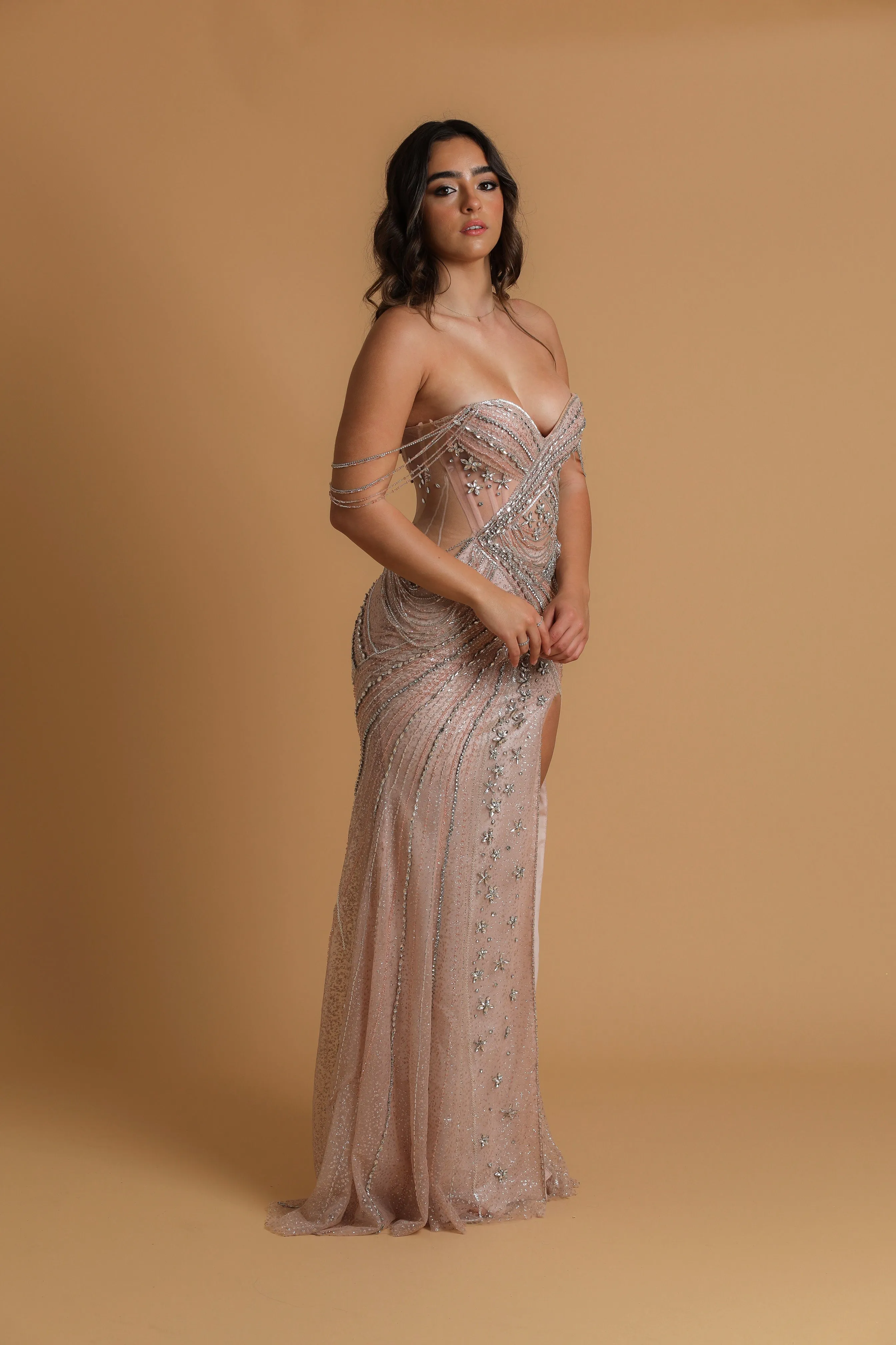 pink sparkly figure hugging gown