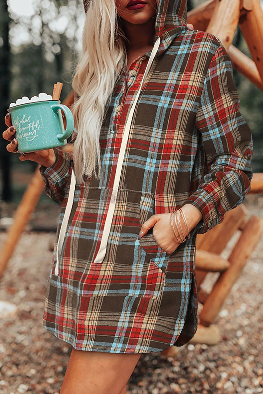 Plaid print hooded long sleeve dress